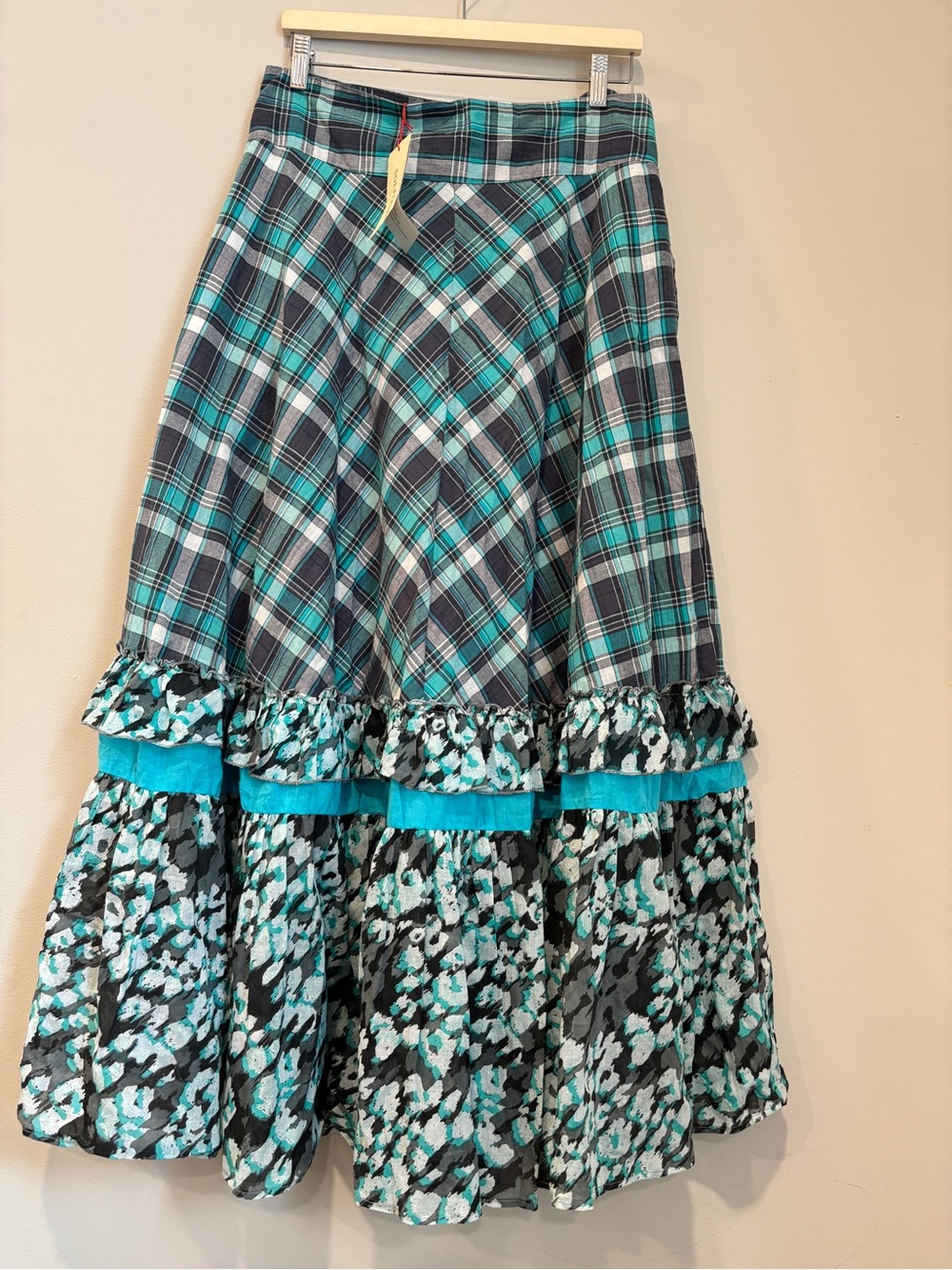 Plaid Tiered L Maxi Skirt in Teal-Gray Flowy Ruffles Western Cotton Prairiecore